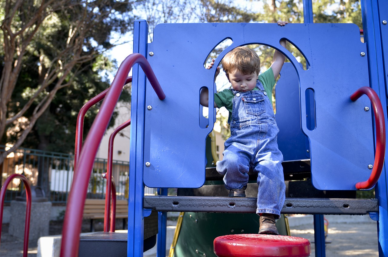boy in overalls on the playground
